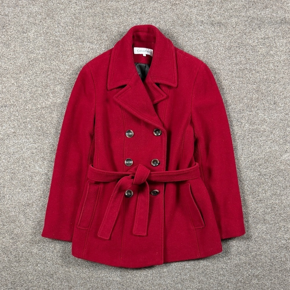 Calvin Klein Red Double Breasted Belted Wool Blend Pea Coat Women’s 12 P Jacket